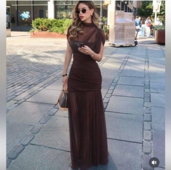 Zara Brown Draped Maxi Dress with Sheer Skirt - Picture 4 of 16